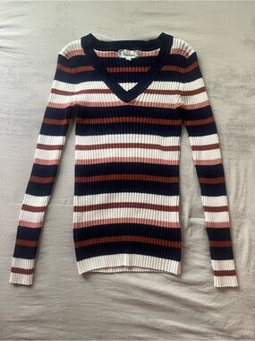Madewell Ribbed V-Neck Sweater in Navy, White & Rust